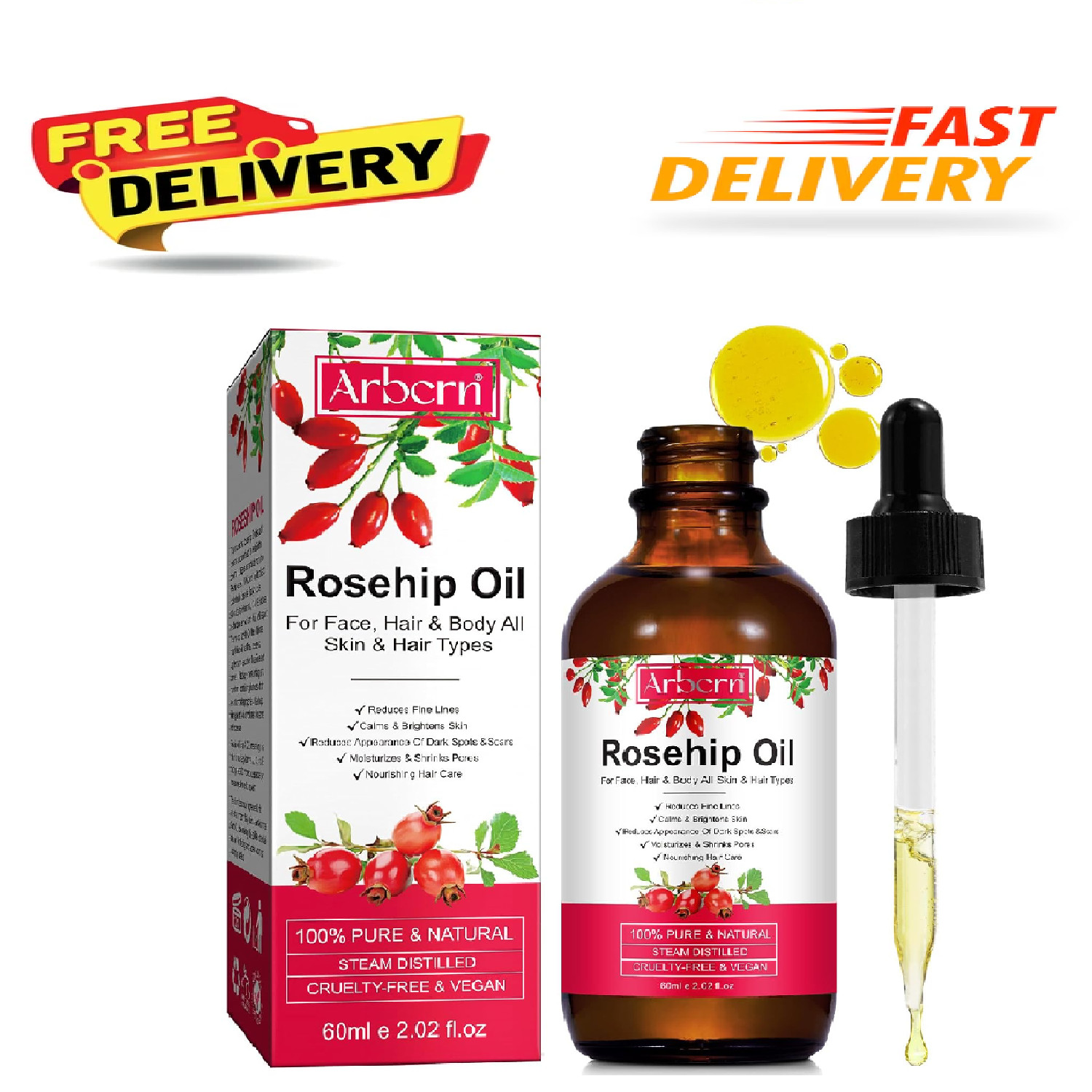 Aceite de rosa mosqueta 100% puro para las arrugas del eccema del acné (2 Oz) US
