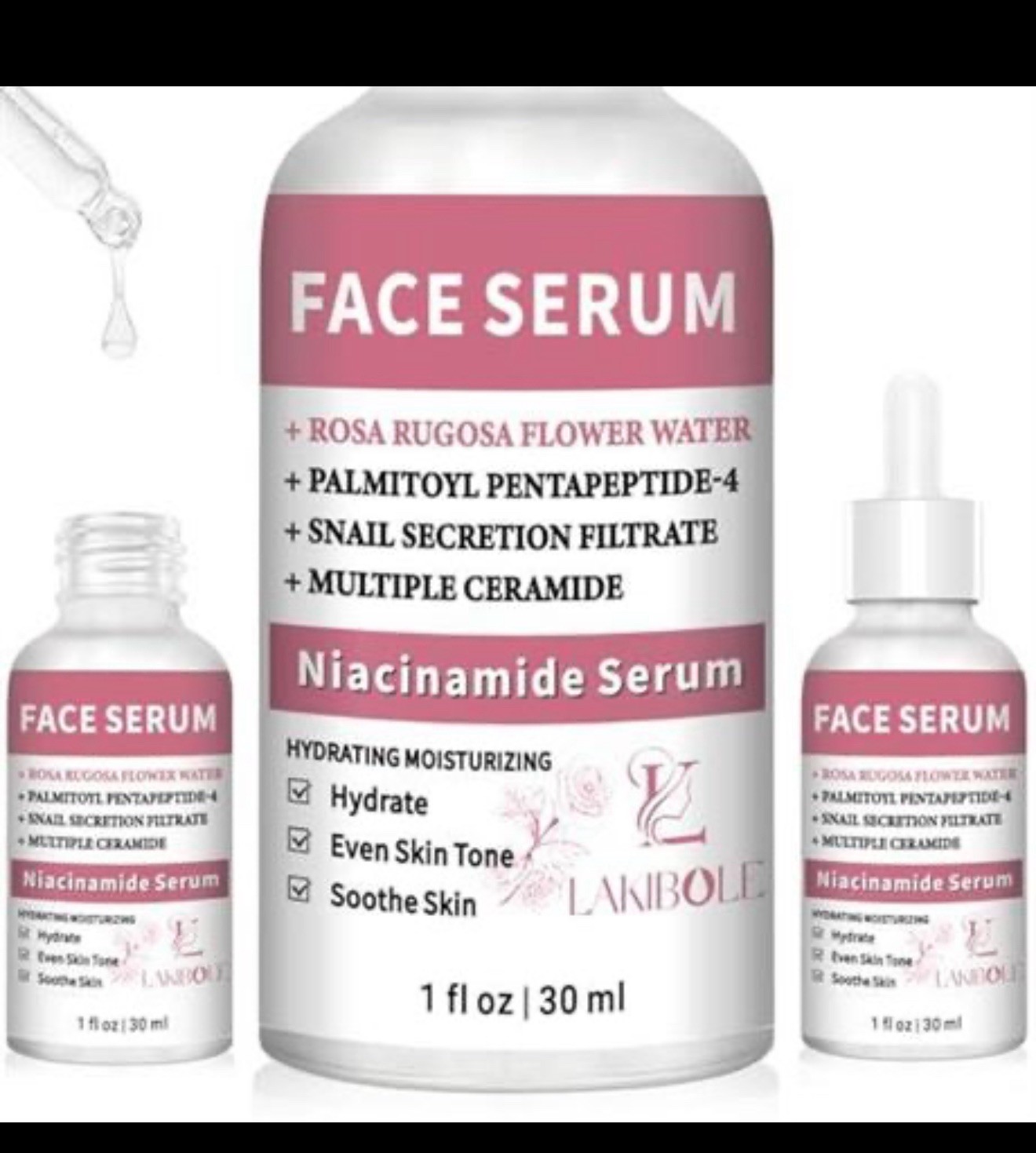 LAKIBOLE 3 Pack 5% Niacinamide Serum with 5% Damascus Rose Floral Water-New
