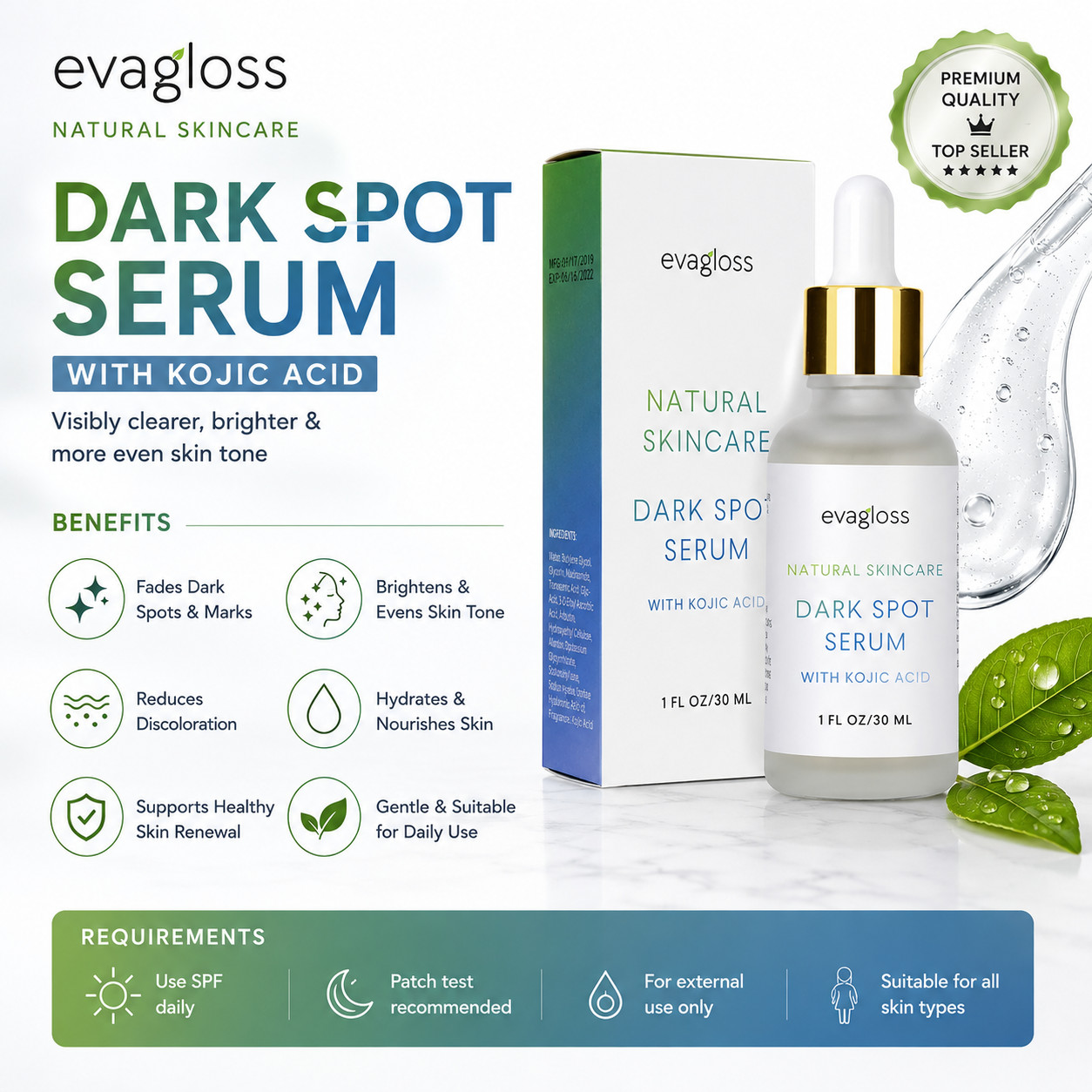Evagloss Natural Skincare Dark Spot Serum with Kojic Acid
