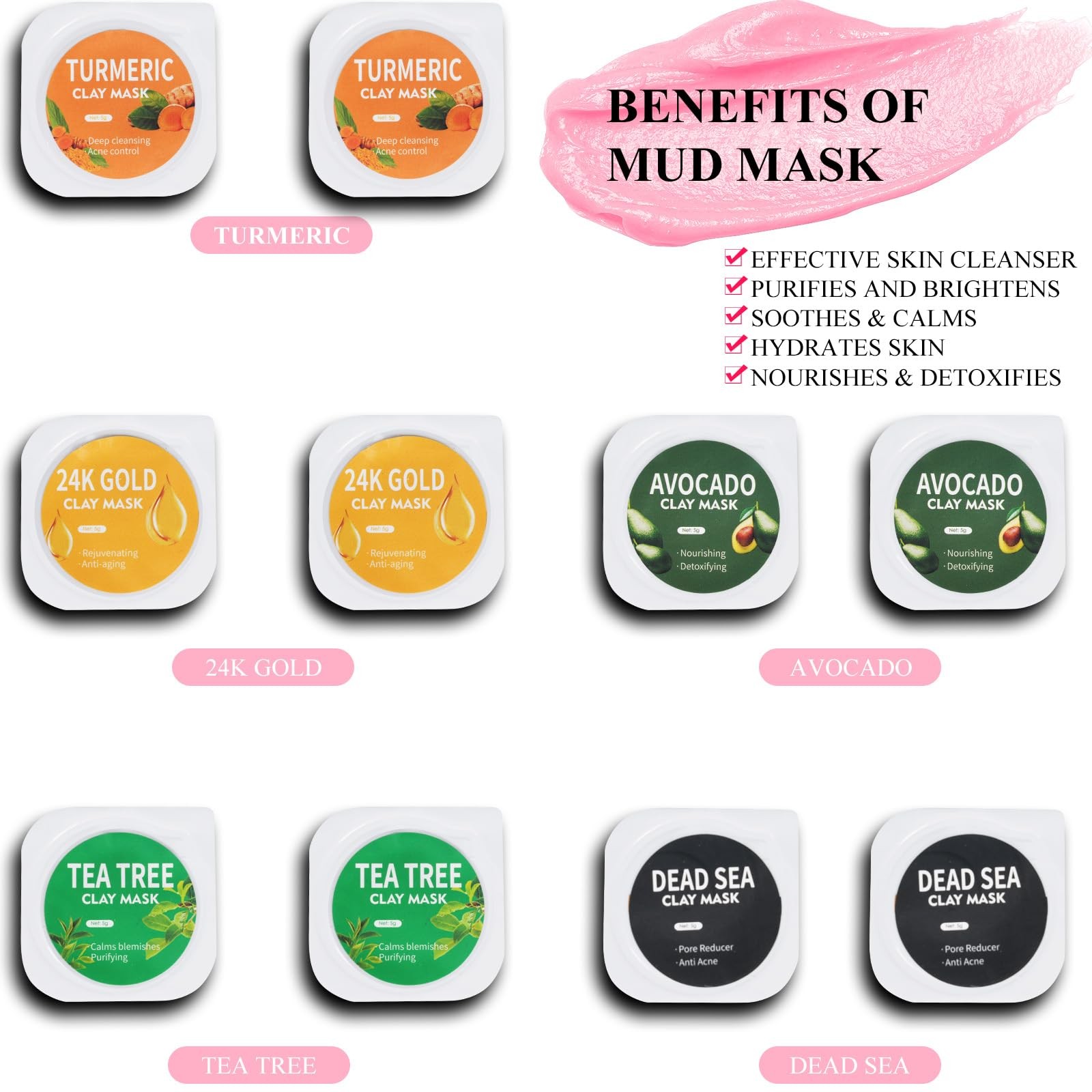 Clay Mask Set 20 Pods, Face Mask Skin Care, Green Tea, Turmeric, Dead Sea Mud…