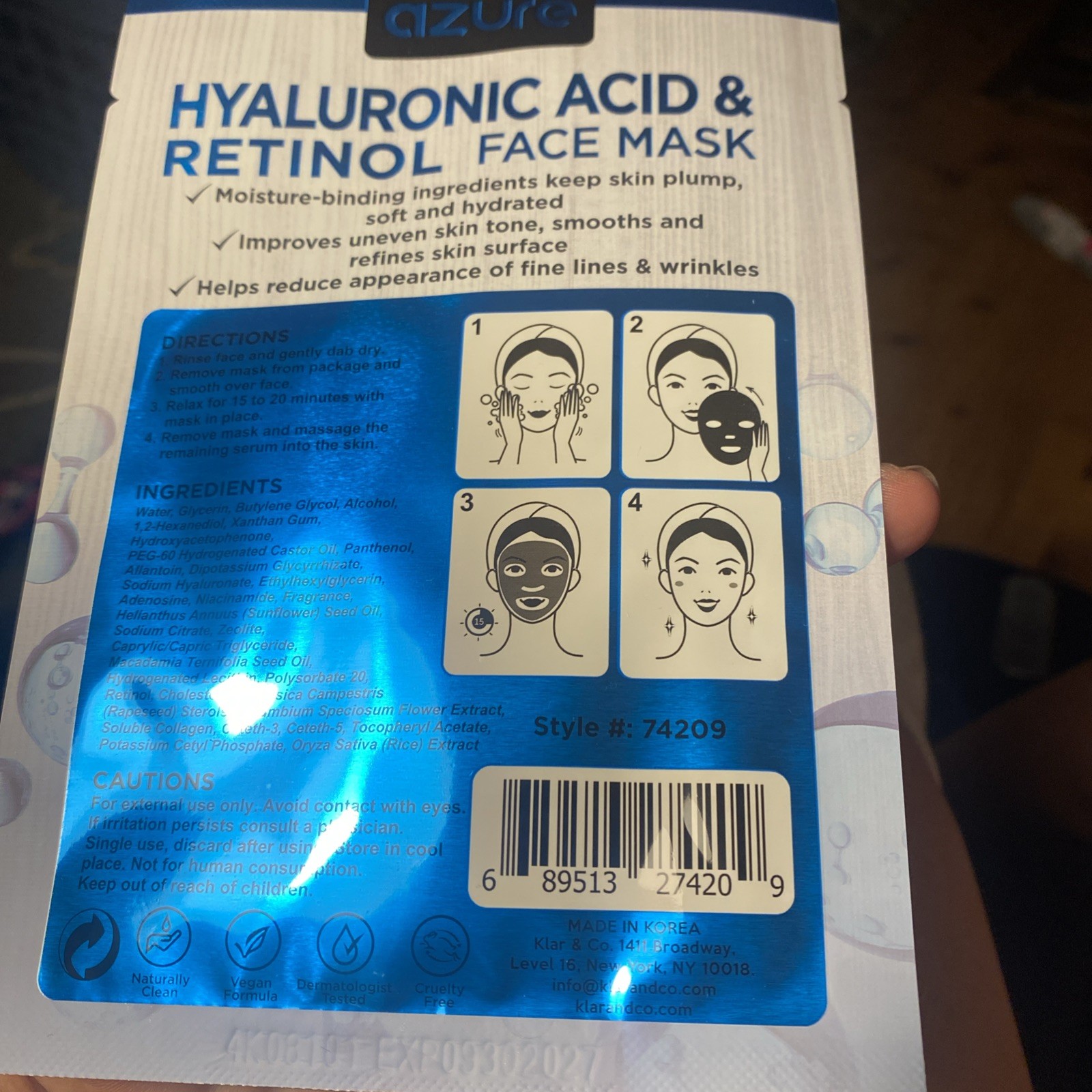Azure Cosmetics Hyaluronic Acid & Retinol Face Mask Dermatologist Tested-1 mask