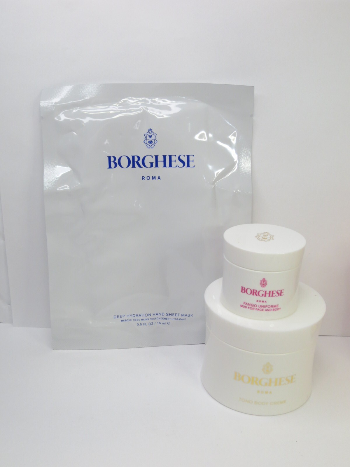 BORGHESE 3 PC SET – BODY CREME, MUD MASK & HAND MASK SHEET SEE DETAILS