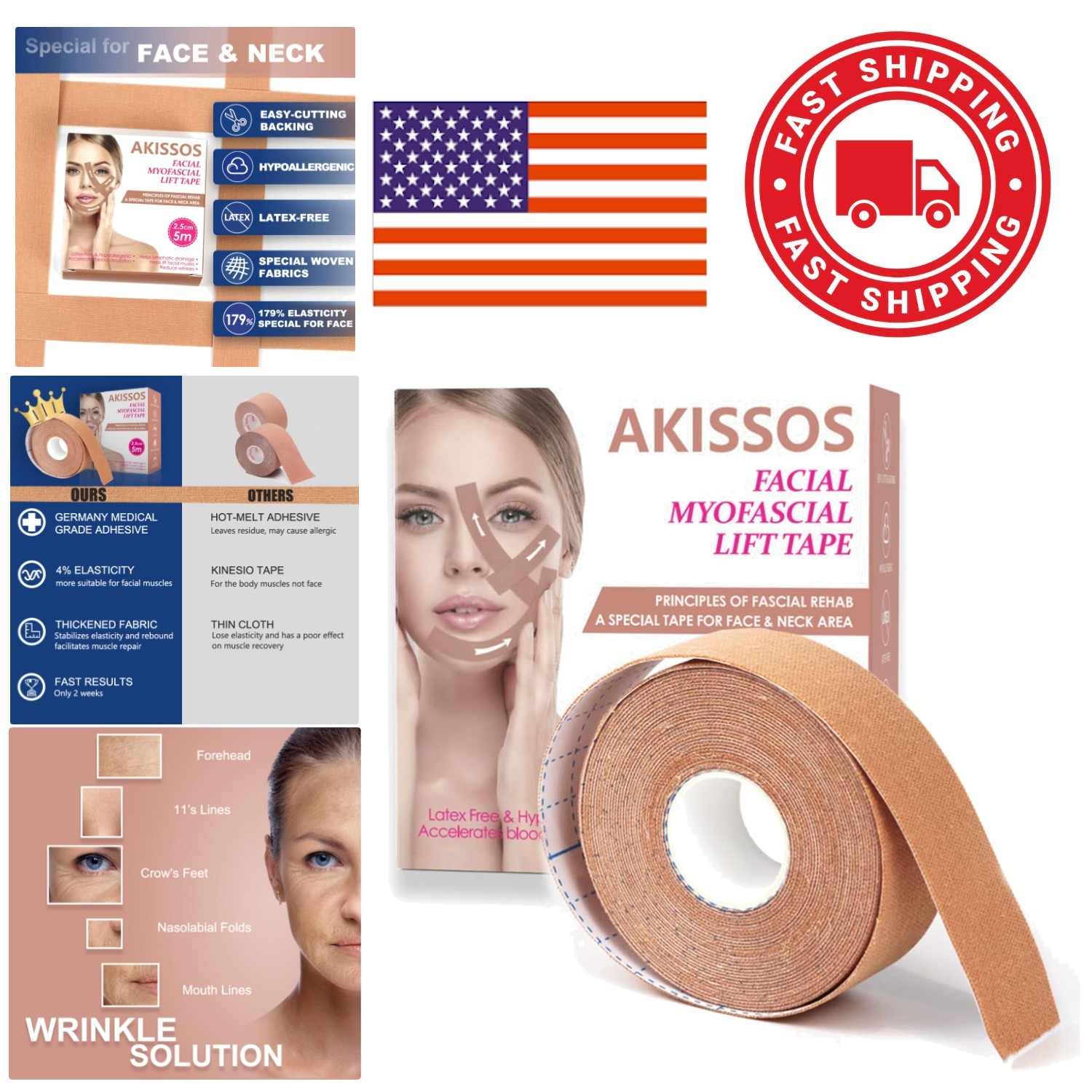 Neck Lift Tape for Firming and Tightening Skin 2.5cm x 5m Usable Over 100 Times