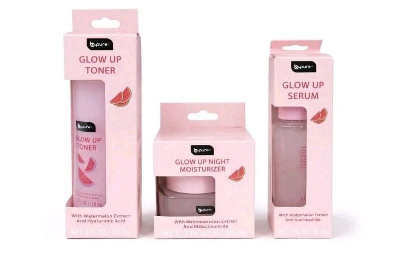 NIB B Pure Glow Up Recipe Set Of 3 Watermelon Toner, Serum, Moisturizer