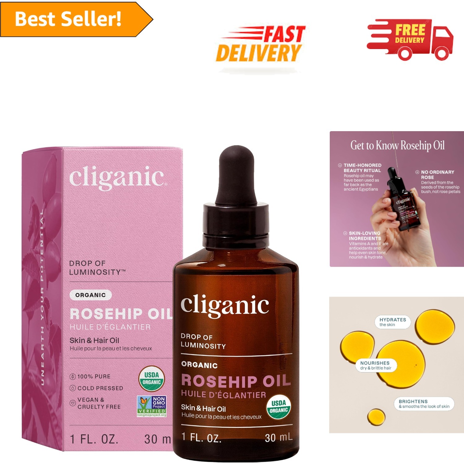 100% Pure Organic Rosehip Oil – Hydrating Carrier Oil for Face & Hair Care
