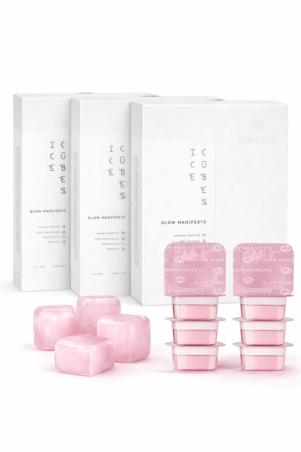 AMEON Glow Manifesto Ice Cubes Set of 3 New Sealed 9 x 0.27 oz Exp 10/26