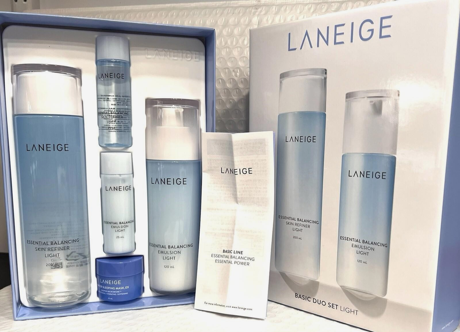 Laneige Essential Balancing Set Light 5pcs: Emulsion,Skin Refiner,Water Mask New