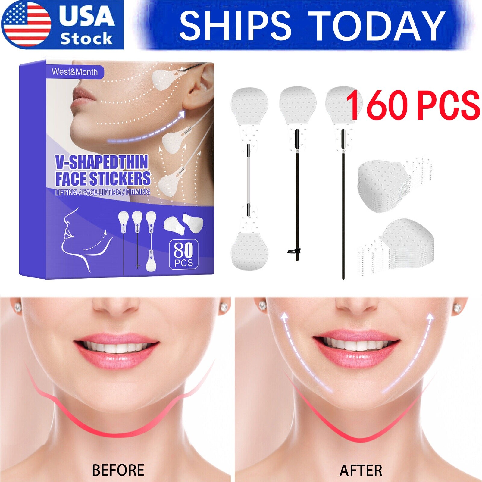 160PCS Instant Face Neck Eye Lift Facelift Tapes and Bands V Shape Dark Hair USA