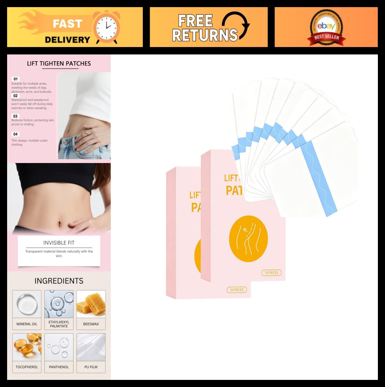 Transparent Body Lifting Tape – Waterproof Skin Tightening Patches for Thighs, A