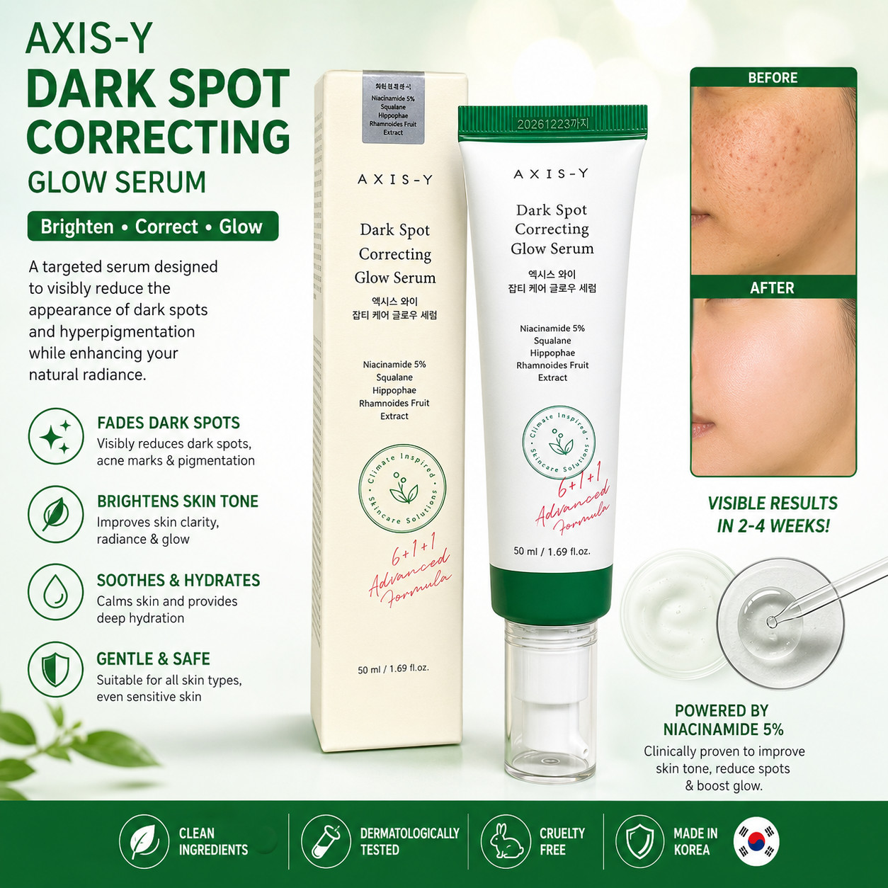 Korean Dark Spot Correcting Glow Serum 50ml Niacinamide Brightening Face Care