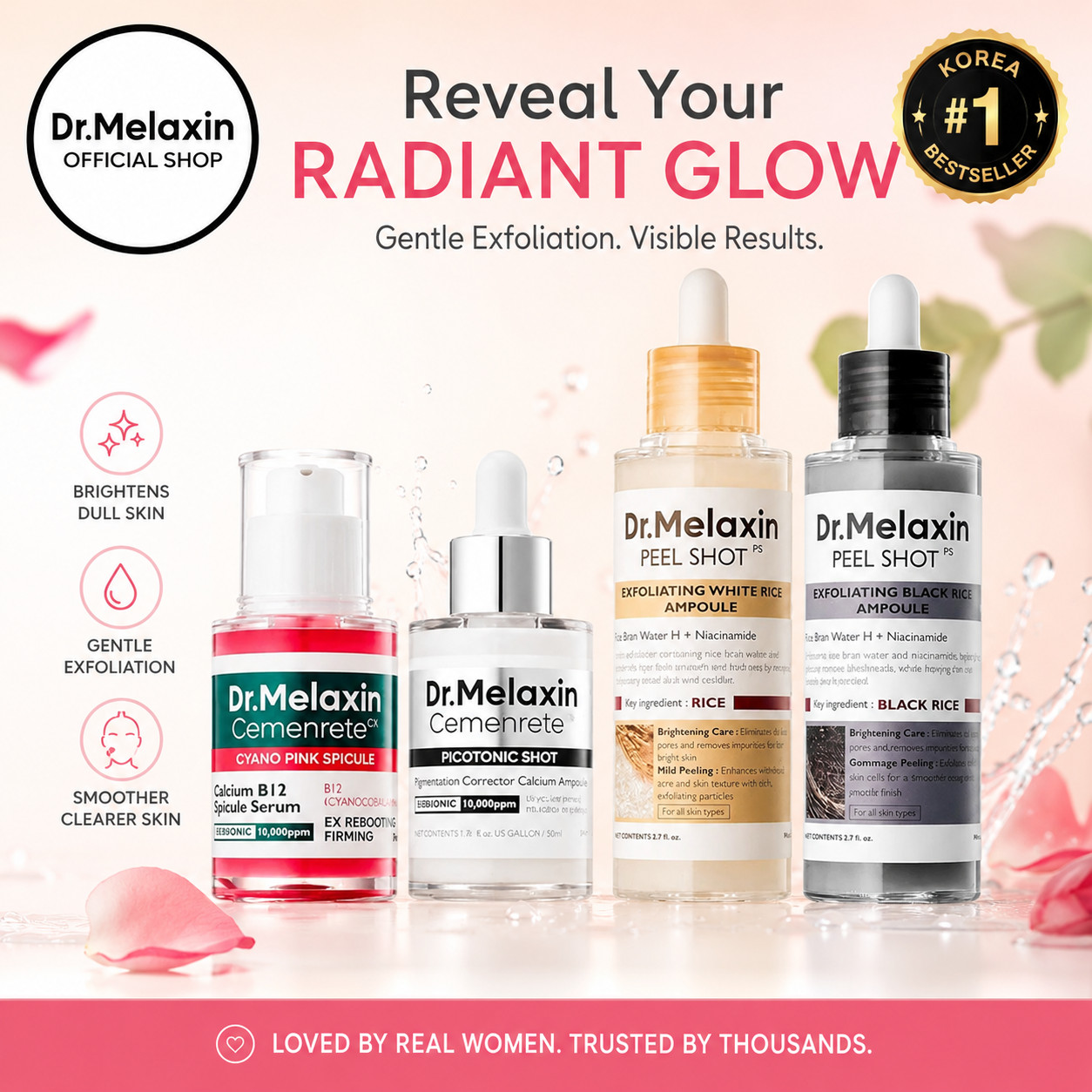 Dr.Melaxin 4pc Set Rice Peeling Ampoule Spicule Serum Picotonic Shot K-Beauty