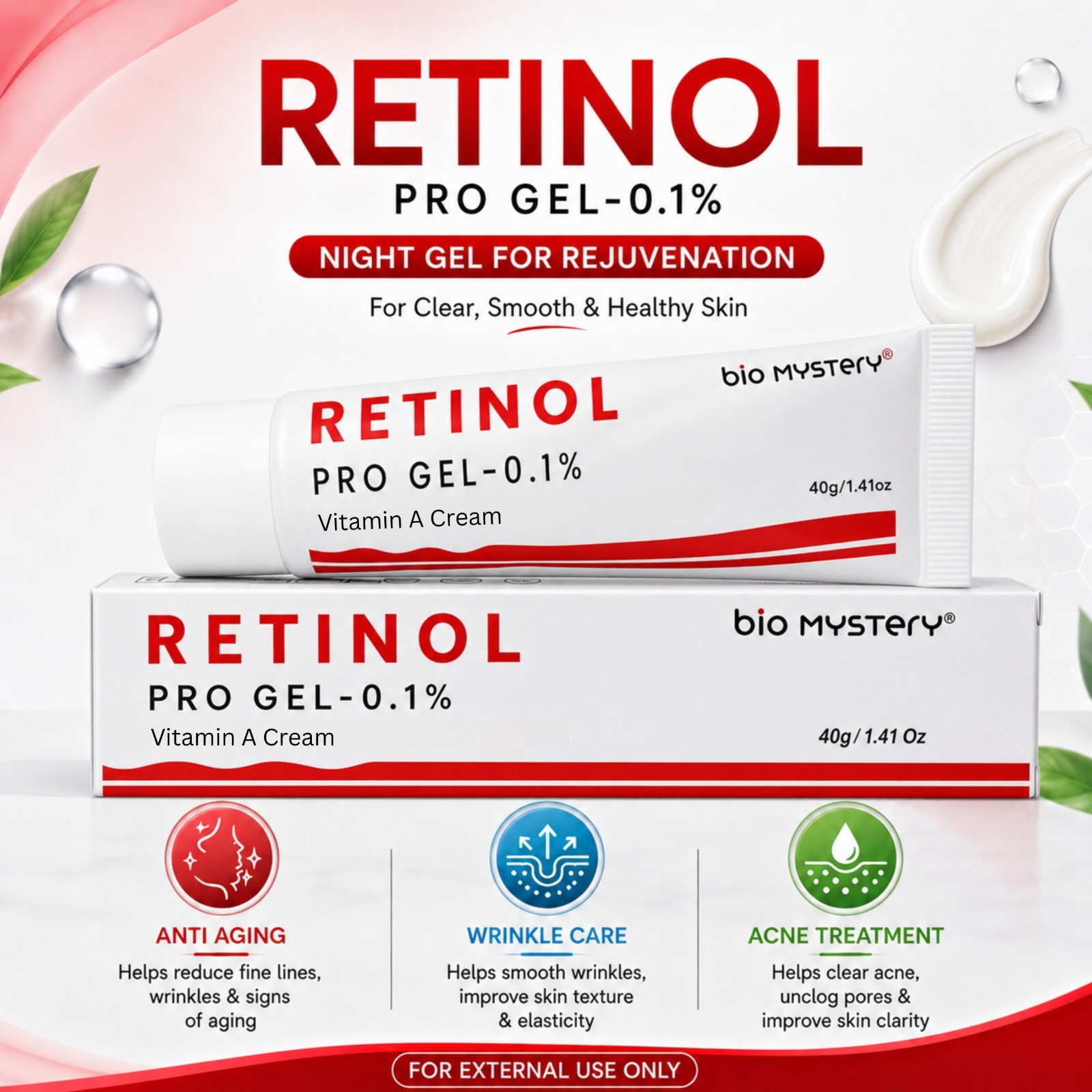 Retinol Gel 0.1 Vitamin a Repairs Fine Lines & Wrinkles, Scar Treatment, Age 40g
