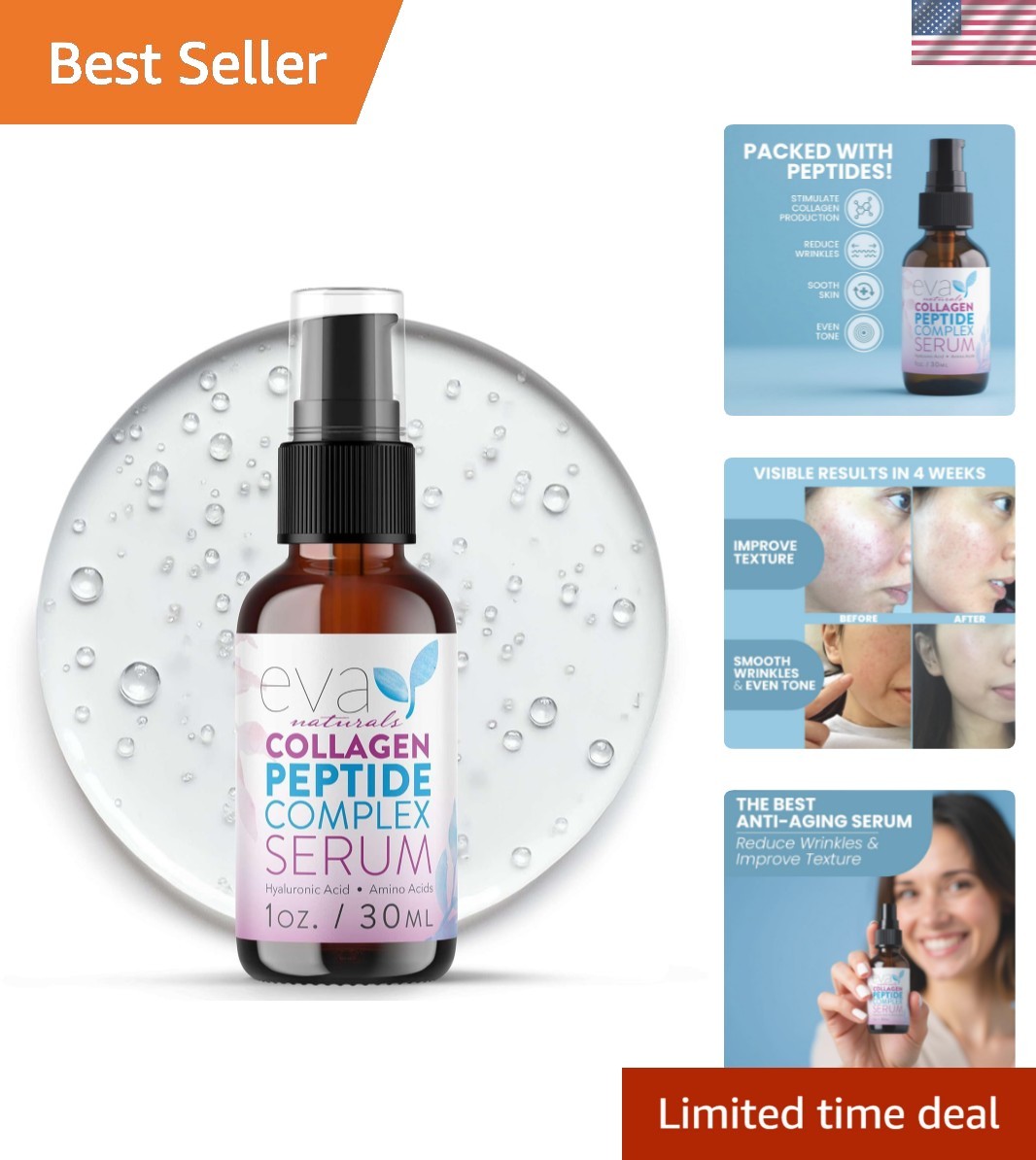 Collagen Peptide Face Serum – Elasticity & Brightening for All Skin Types – 1 oz